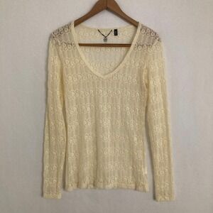 BKE Boutique Lace Sheer Blouse Womens Size Small Floral Boho Cottage Top Shirt